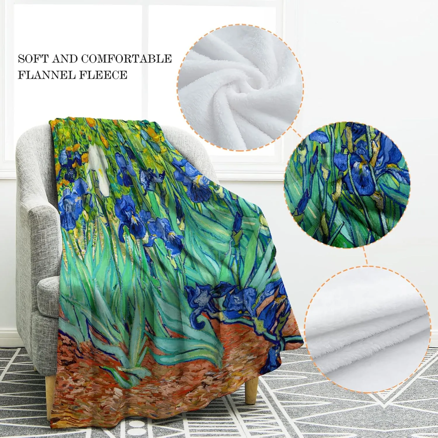 Jekeno Blanket Irises by Vincent Van Gogh Gifts for Women Kids Girls Home Bedroom Birthday Christmas Flowers Floral Decor Soft Cozy Lightweight Throw Blankets 50"x60"