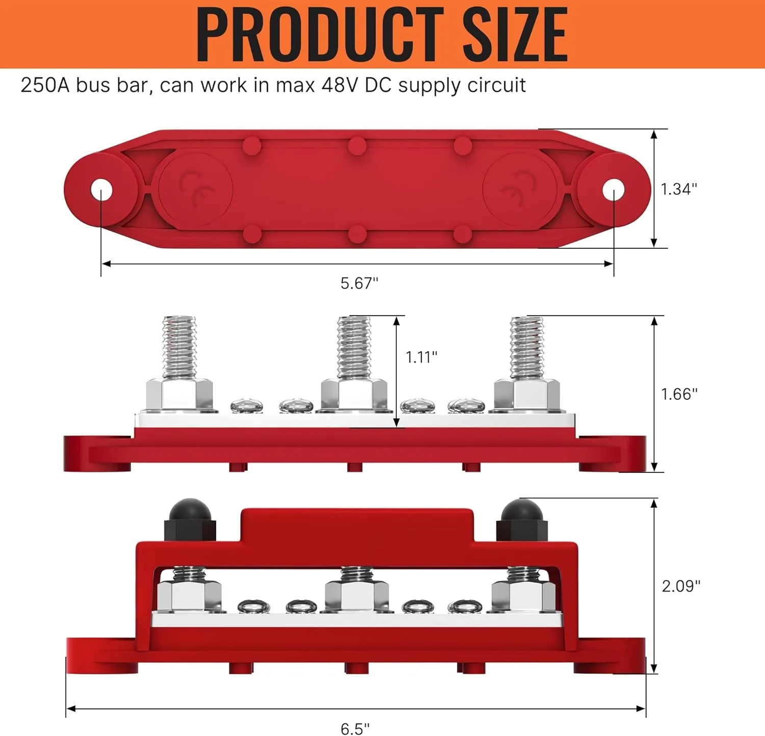 Joinfworld Bus Bar 250A 12V Power Distribution Block with 3 x 3/8"(M10) Studs Marine Bus Bar Terminal Block 12 Volt DC Battery Busbar with Cover - Negative&Positive