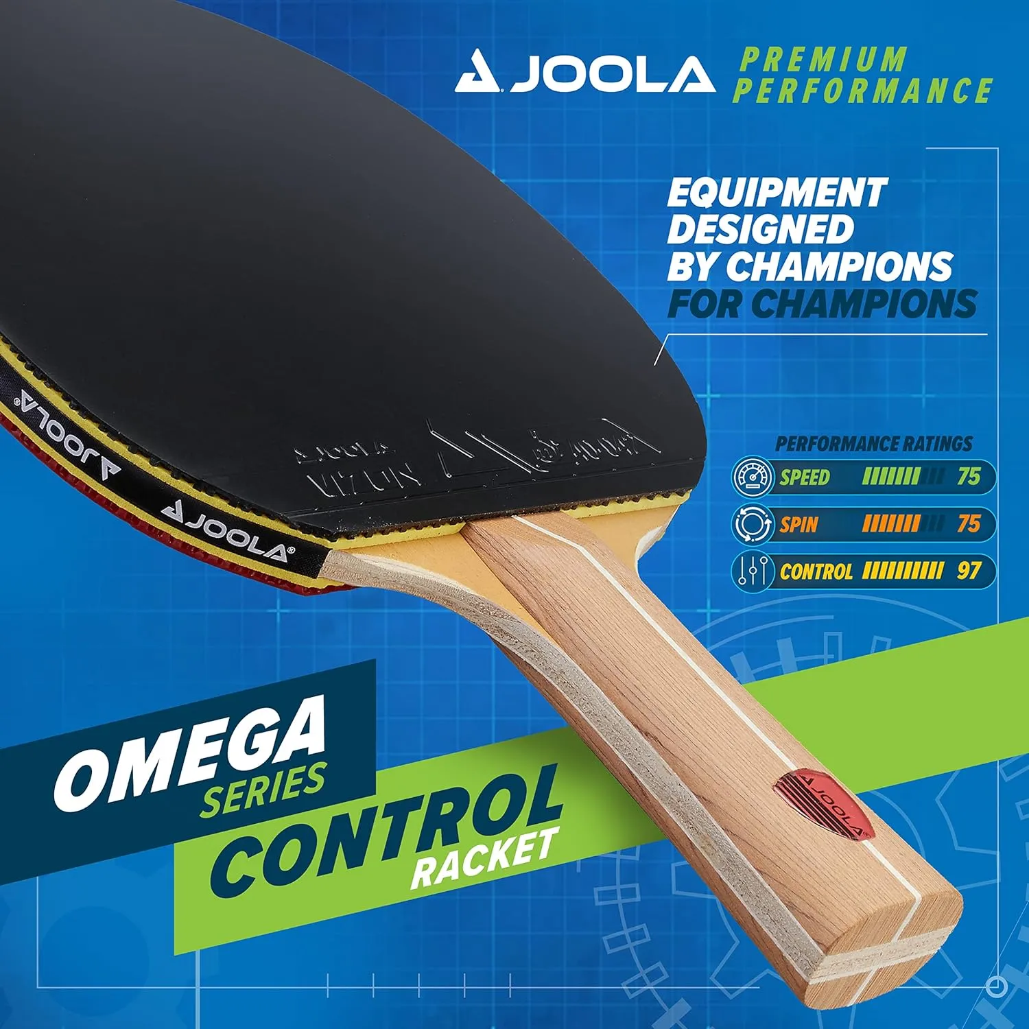 JOOLA Omega Control - Tournament Performance Ping Pong Paddle - Table Tennis Racket for Advanced Training with Flared Handle - Includes Vizon Table Tennis Rubber - Designed for Control