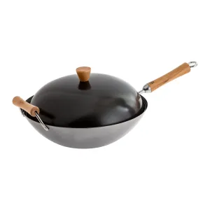 Joyce Chen Classic Series 4 Piece Flat Bottom Wok Set, 14", Carbon Steel/Birch Handles