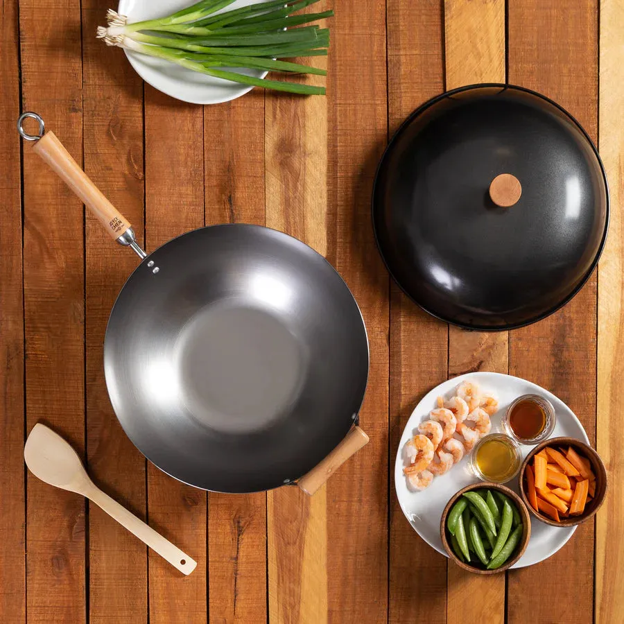 Joyce Chen Classic Series 4 Piece Flat Bottom Wok Set, 14", Carbon Steel/Birch Handles