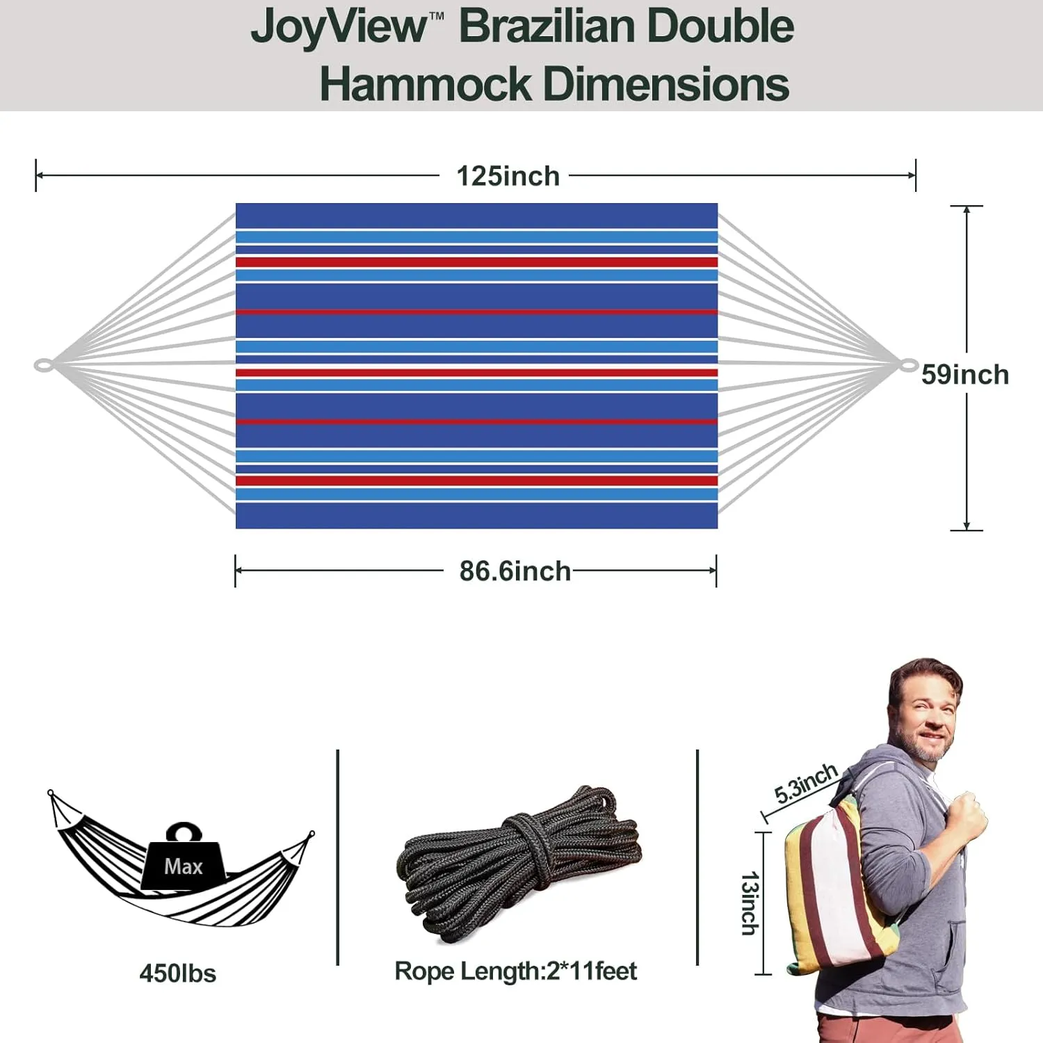 JoyView Brazilian Double Hammock with Hanging Ropes Extra Large 86.6x59” Portable Cotton Hammock for Patio Backyard Porch 450LBS Weight Capacity Perfect for Outdoor/Indoor - Blue Stripe