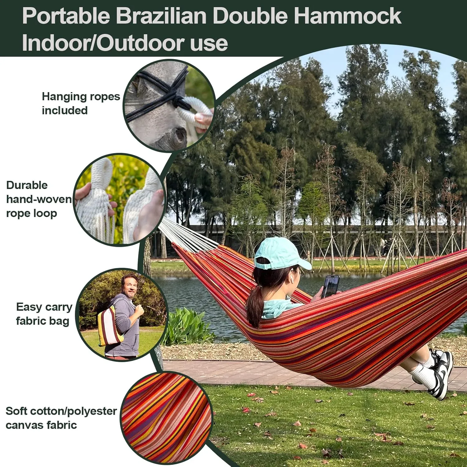 JoyView Brazilian Double Hammock with Hanging Ropes Extra Large 86.6x59” Portable Cotton Hammock for Patio Backyard Porch 450LBS Weight Capacity Perfect for Outdoor/Indoor - Blue Stripe