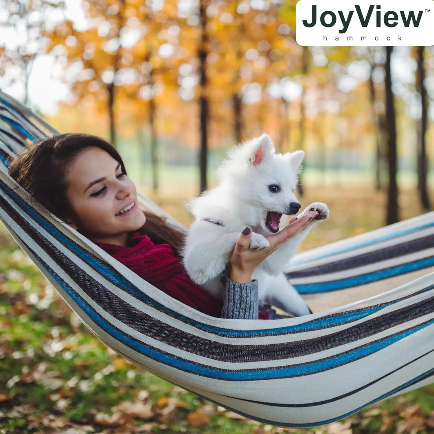 JoyView Brazilian Double Hammock with Hanging Ropes Extra Large 86.6x59” Portable Cotton Hammock for Patio Backyard Porch 450LBS Weight Capacity Perfect for Outdoor/Indoor - Blue Stripe