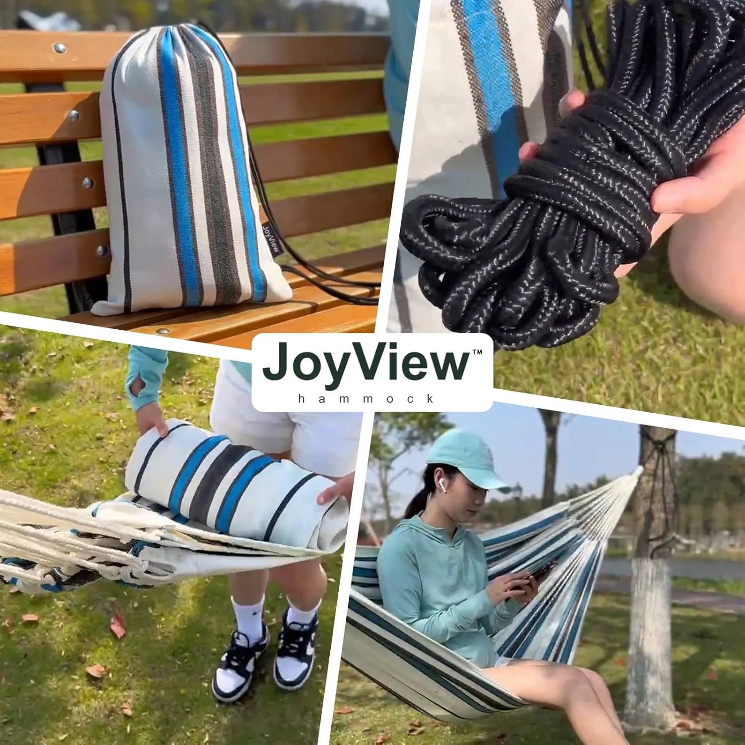 JoyView Brazilian Double Hammock with Hanging Ropes Extra Large 86.6x59” Portable Cotton Hammock for Patio Backyard Porch 450LBS Weight Capacity Perfect for Outdoor/Indoor - Blue Stripe