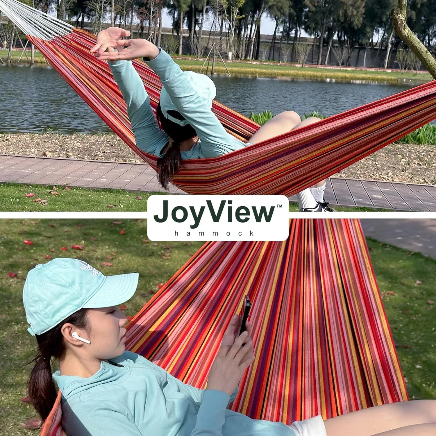 JoyView Brazilian Double Hammock with Hanging Ropes Extra Large 86.6x59” Portable Cotton Hammock for Patio Backyard Porch 450LBS Weight Capacity Perfect for Outdoor/Indoor - Blue Stripe