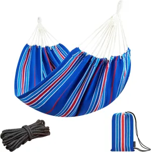 JoyView Brazilian Hammock for Single Person - Portable Cotton Hammock with Hanging Ropes & Carry Bag - 78.8x39.4' - 300LBS Capacity - Perfect for Outdoor/Indoor - Blue Stripe