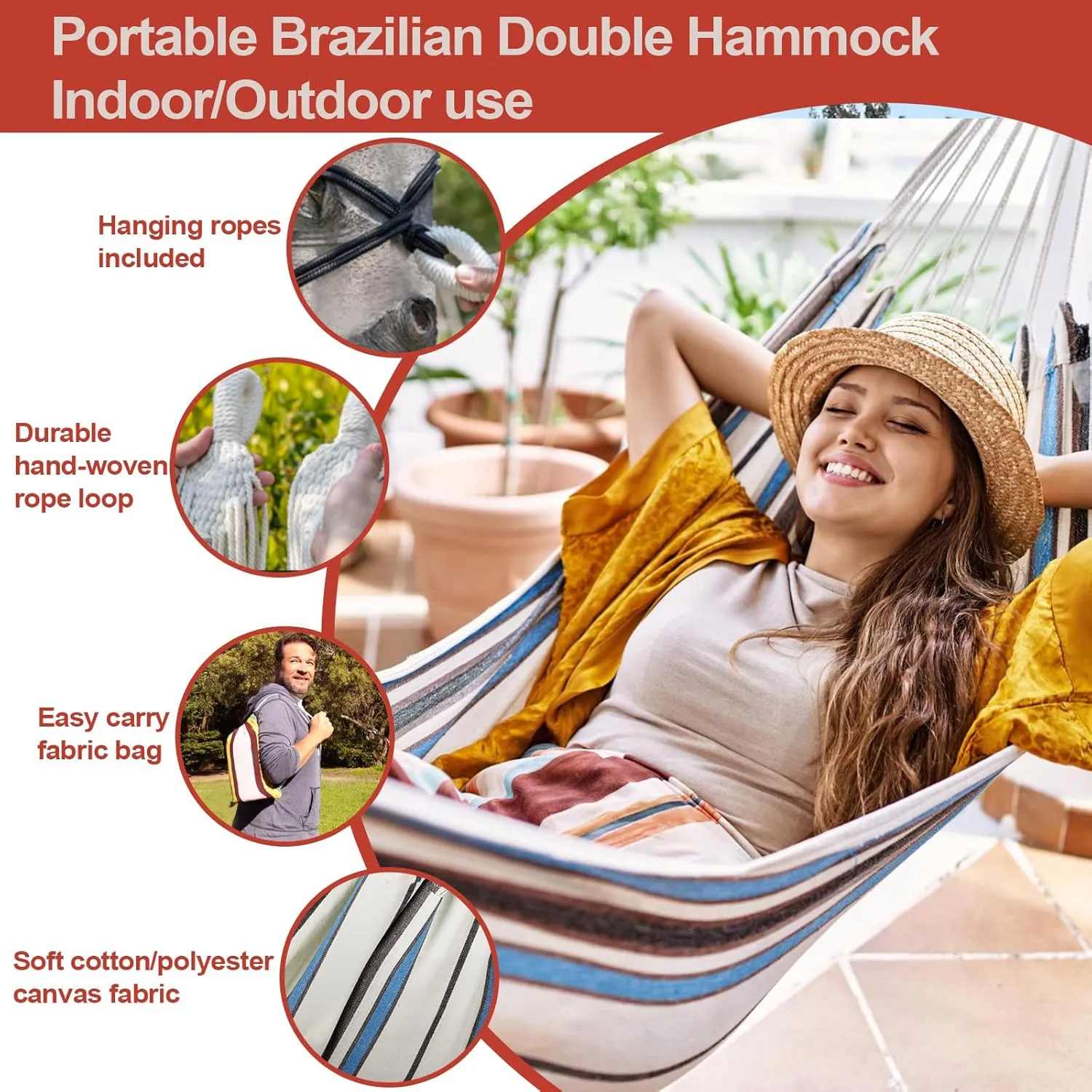 JoyView Brazilian Hammock for Single Person - Portable Cotton Hammock with Hanging Ropes & Carry Bag - 78.8x39.4' - 300LBS Capacity - Perfect for Outdoor/Indoor - Blue Stripe