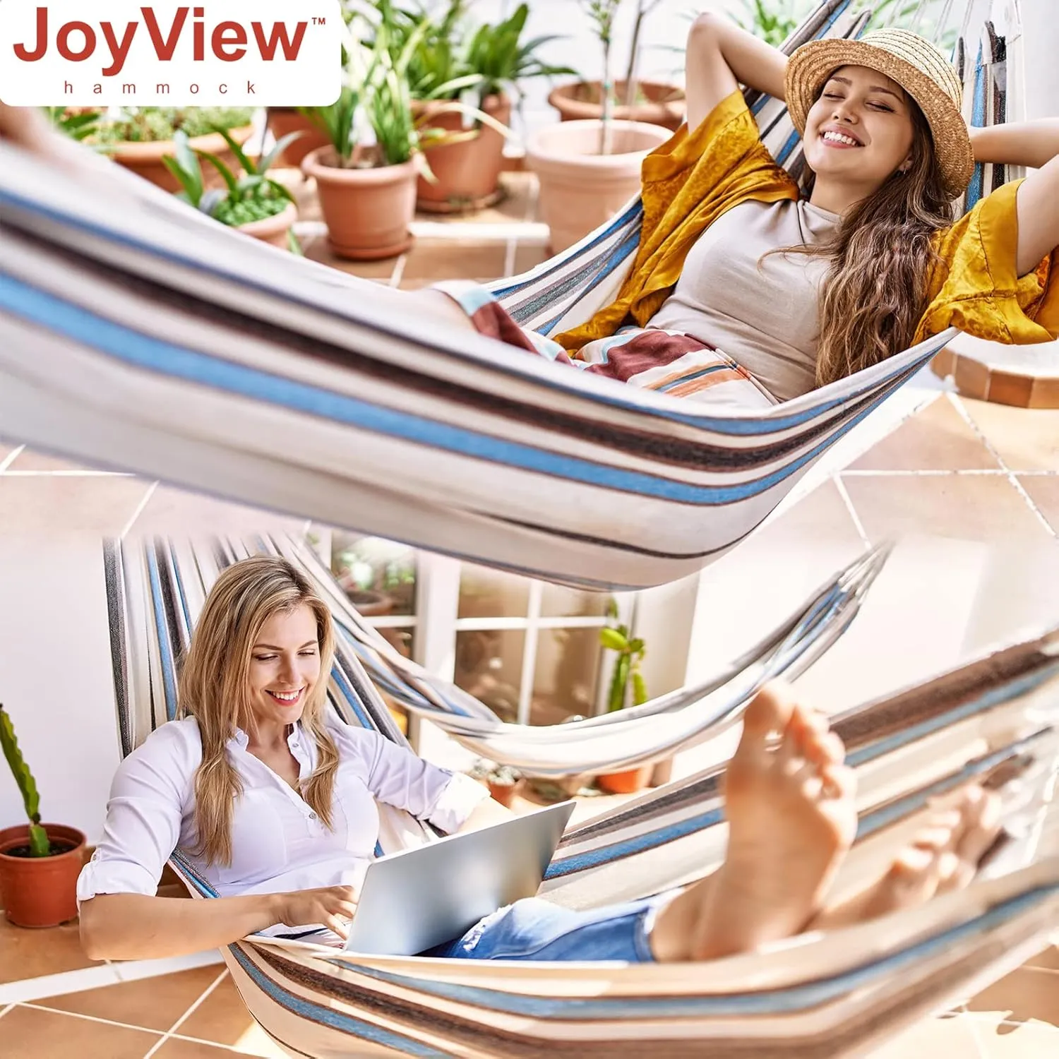 JoyView Brazilian Hammock for Single Person - Portable Cotton Hammock with Hanging Ropes & Carry Bag - 78.8x39.4' - 300LBS Capacity - Perfect for Outdoor/Indoor - Blue Stripe