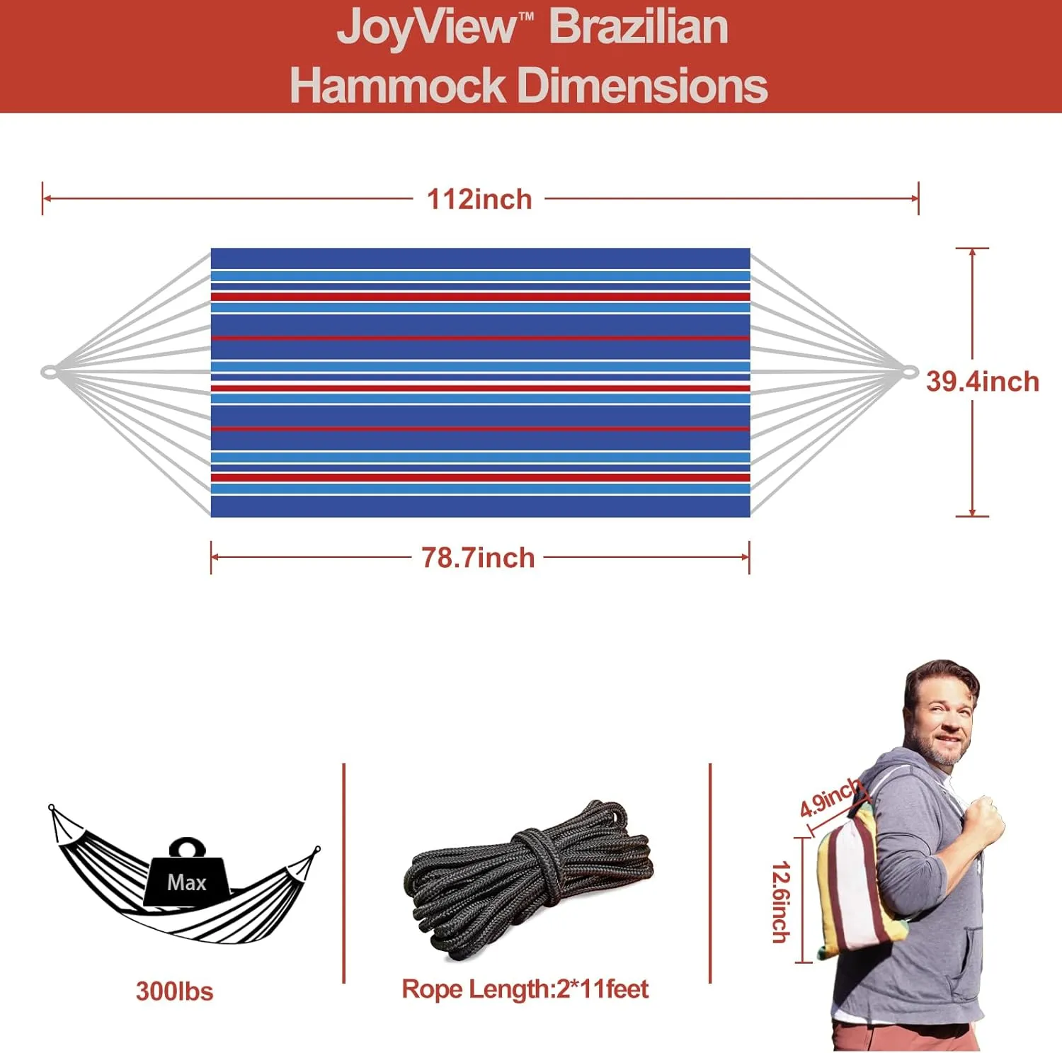 JoyView Brazilian Hammock for Single Person - Portable Cotton Hammock with Hanging Ropes & Carry Bag - 78.8x39.4' - 300LBS Capacity - Perfect for Outdoor/Indoor - Blue Stripe