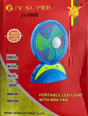 JY Super 6880 Rechargeable Fan Multi Functional LED, AC/DC Table Fan with in-built Power Bank Solar Panel supported Fan