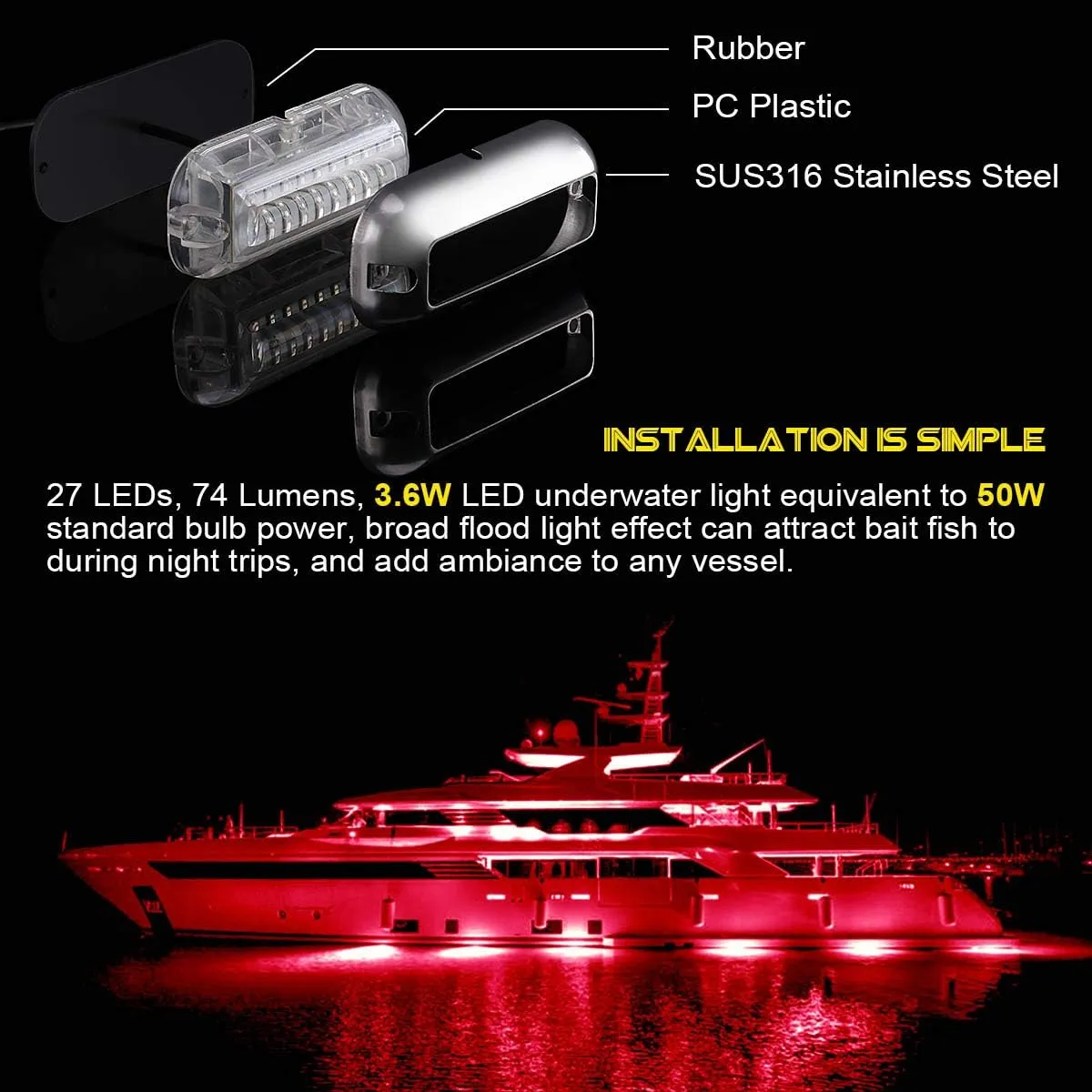 Kawell 27 LED LED Underwater Boat Yacht Lights Waterproof IP68 SUS316 Stainless Steel Pontoon Marine Transom Lights for Swiming Driving Fishing Red