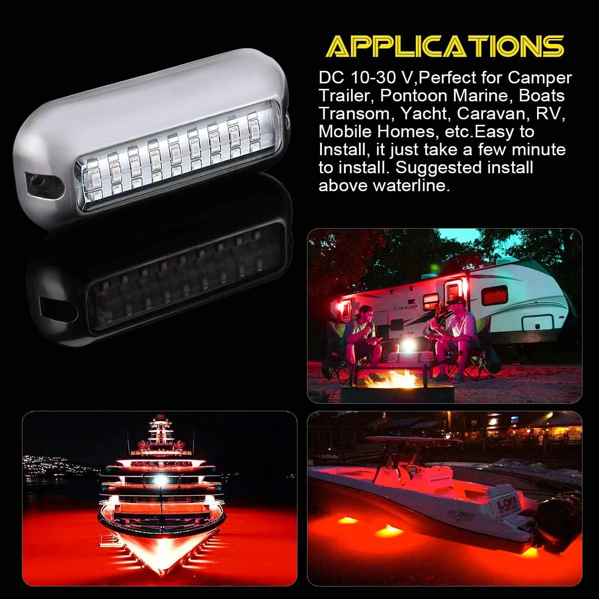 Kawell 27 LED LED Underwater Boat Yacht Lights Waterproof IP68 SUS316 Stainless Steel Pontoon Marine Transom Lights for Swiming Driving Fishing Red