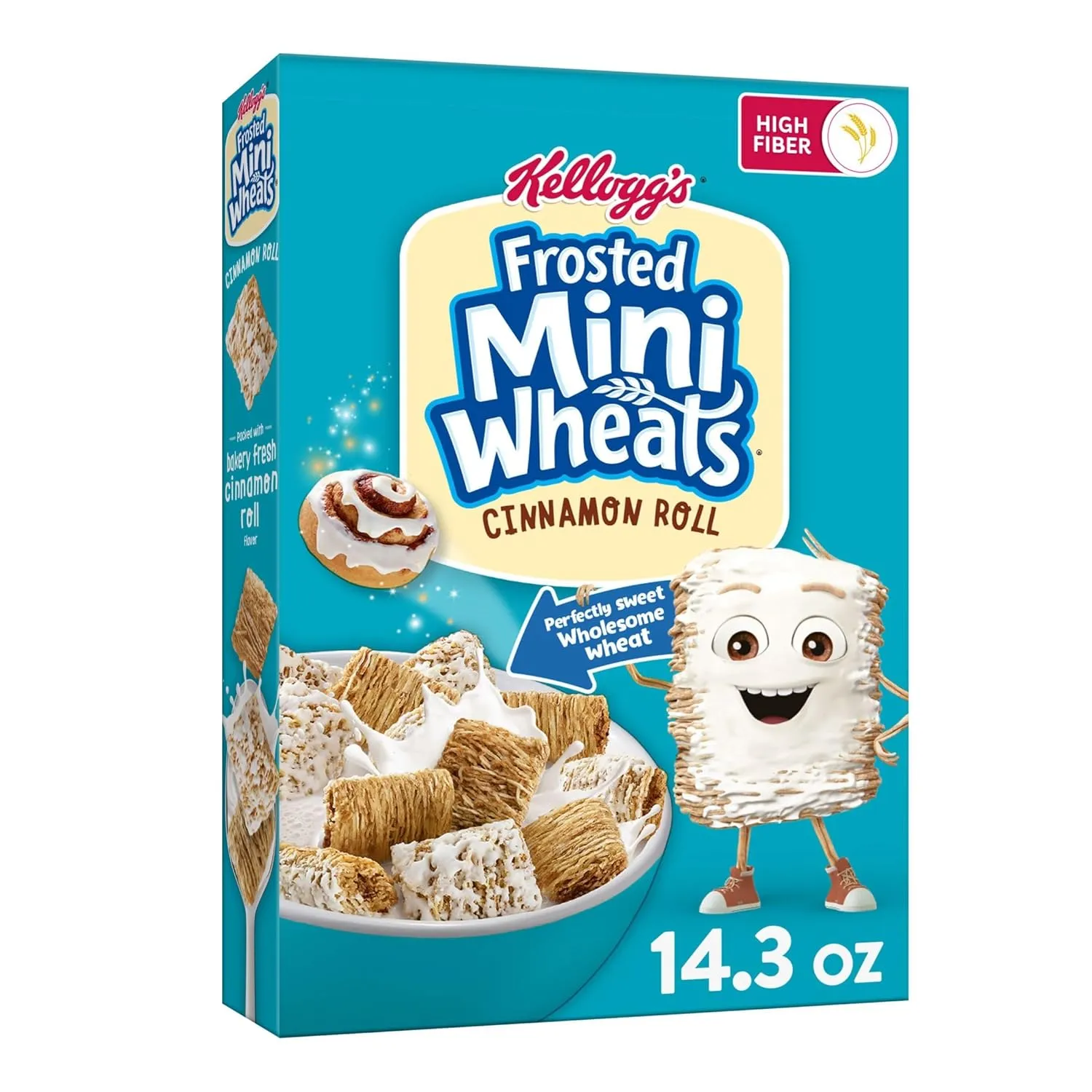 Kellogg's Frosted Mini-Wheats Cold Breakfast Cereal, Fiber Cereal, Whole Grain, Cinnamon Roll, 14.3oz Box (1 Box)