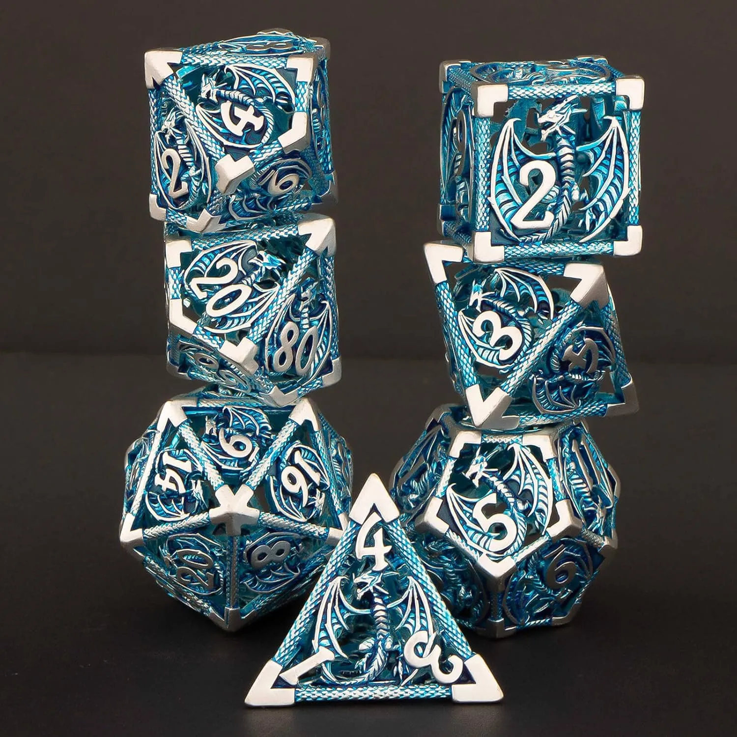 KERWELLSI DND Dice Set with Gifts Box, 7pcs Polyhedral Hollow Metal Dice Set for Role Playing Game, D and D Dice D20 D12 D10 D8 D6 D4 (Blue)