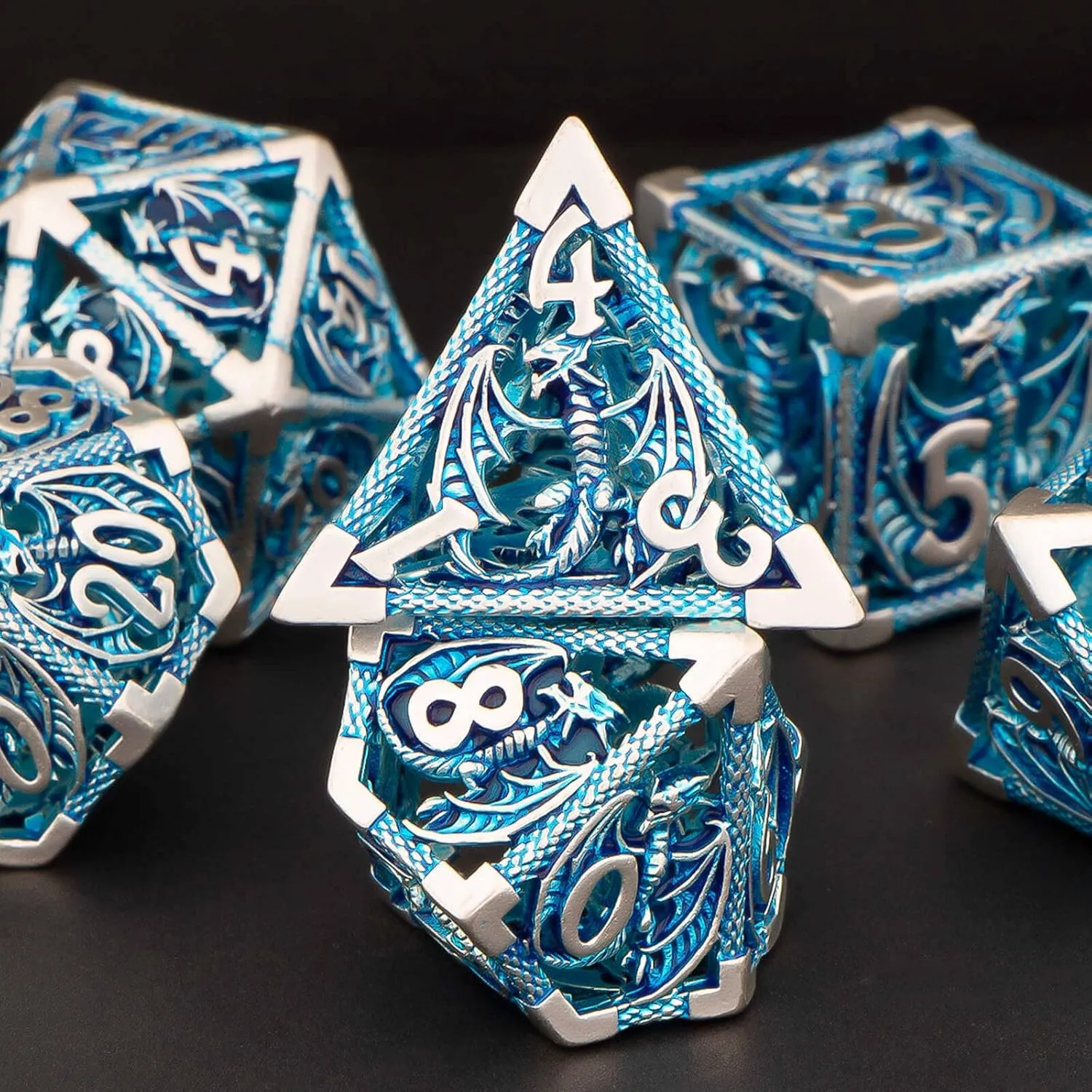 KERWELLSI DND Dice Set with Gifts Box, 7pcs Polyhedral Hollow Metal Dice Set for Role Playing Game, D and D Dice D20 D12 D10 D8 D6 D4 (Blue)