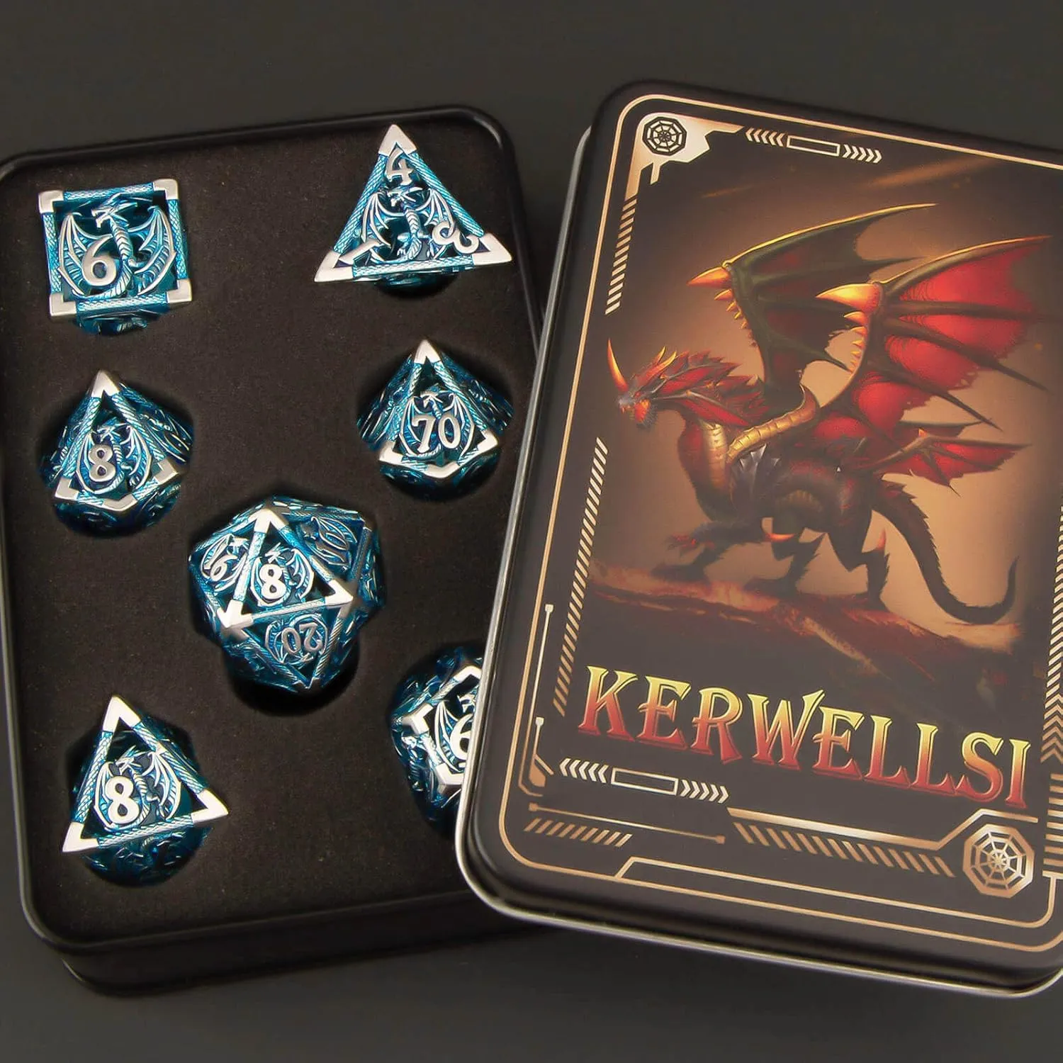 KERWELLSI DND Dice Set with Gifts Box, 7pcs Polyhedral Hollow Metal Dice Set for Role Playing Game, D and D Dice D20 D12 D10 D8 D6 D4 (Blue)