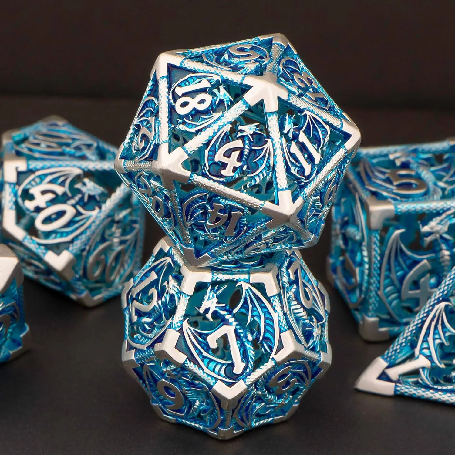 KERWELLSI DND Dice Set with Gifts Box, 7pcs Polyhedral Hollow Metal Dice Set for Role Playing Game, D and D Dice D20 D12 D10 D8 D6 D4 (Blue)