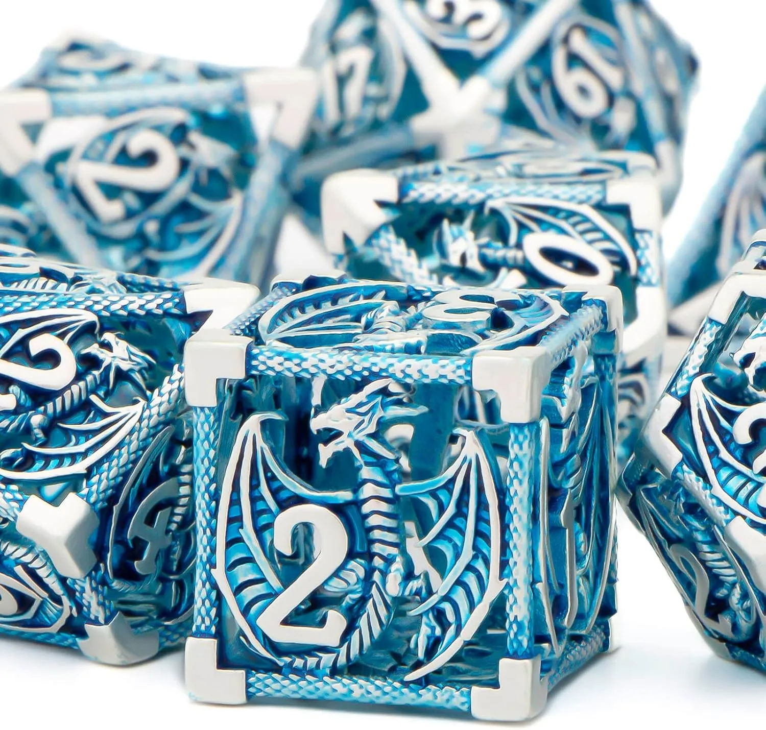 KERWELLSI DND Dice Set with Gifts Box, 7pcs Polyhedral Hollow Metal Dice Set for Role Playing Game, D and D Dice D20 D12 D10 D8 D6 D4 (Blue)