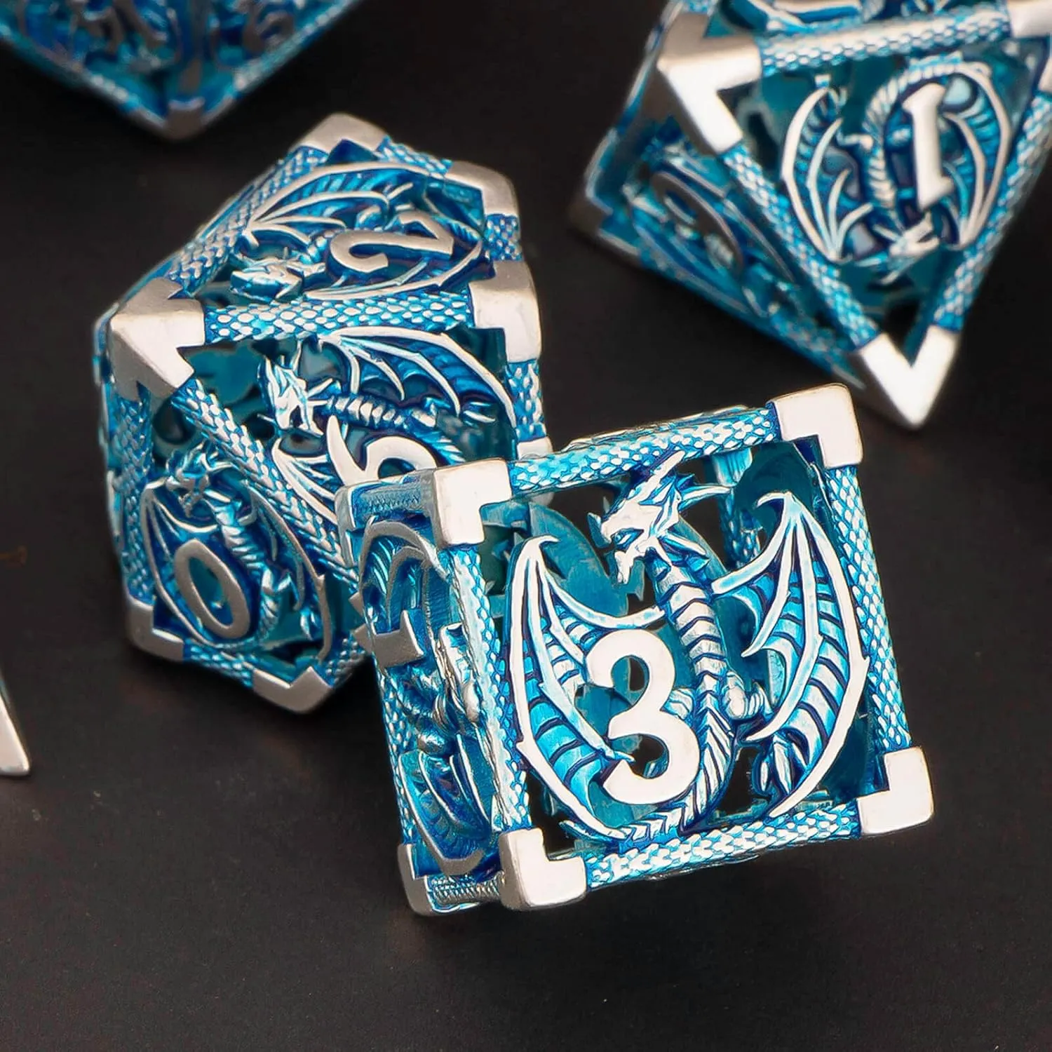 KERWELLSI DND Dice Set with Gifts Box, 7pcs Polyhedral Hollow Metal Dice Set for Role Playing Game, D and D Dice D20 D12 D10 D8 D6 D4 (Blue)