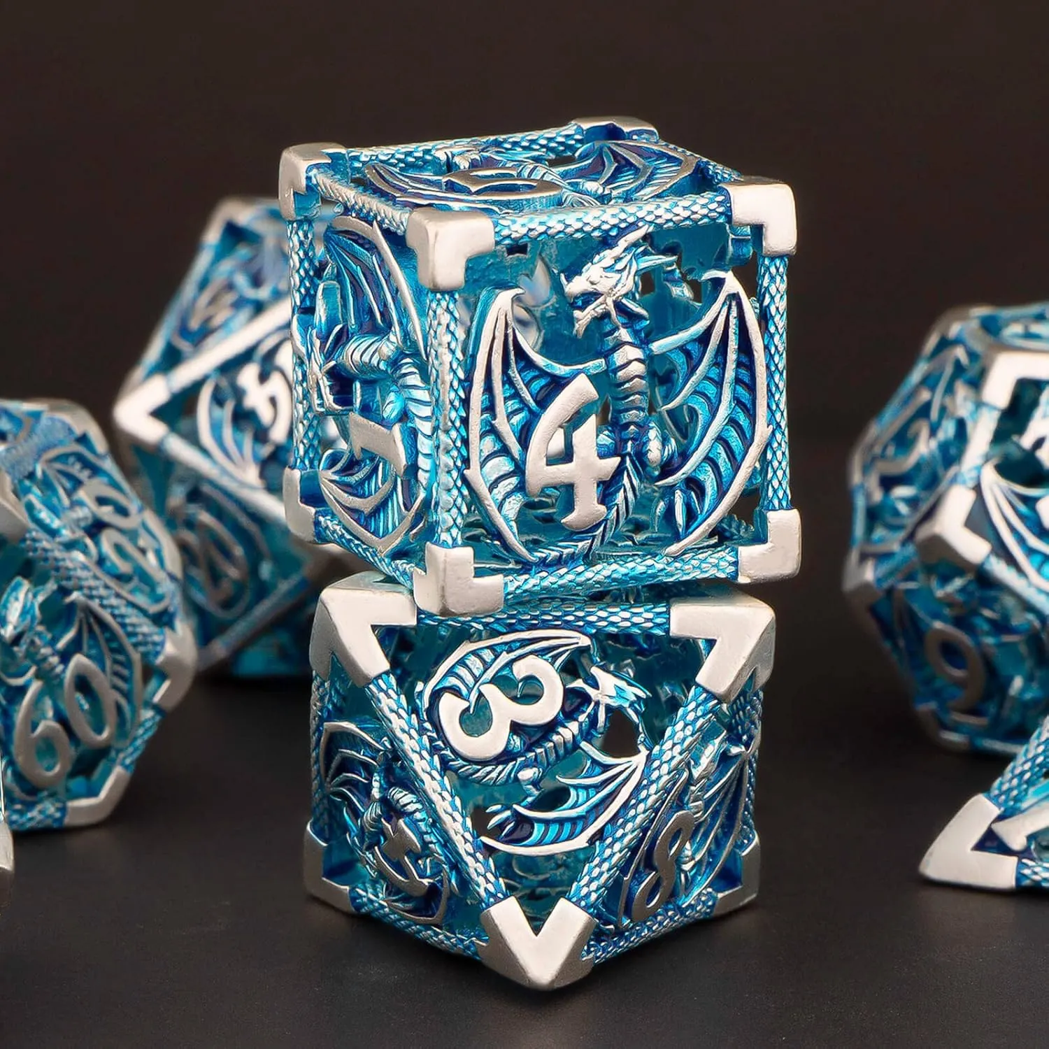 KERWELLSI DND Dice Set with Gifts Box, 7pcs Polyhedral Hollow Metal Dice Set for Role Playing Game, D and D Dice D20 D12 D10 D8 D6 D4 (Blue)