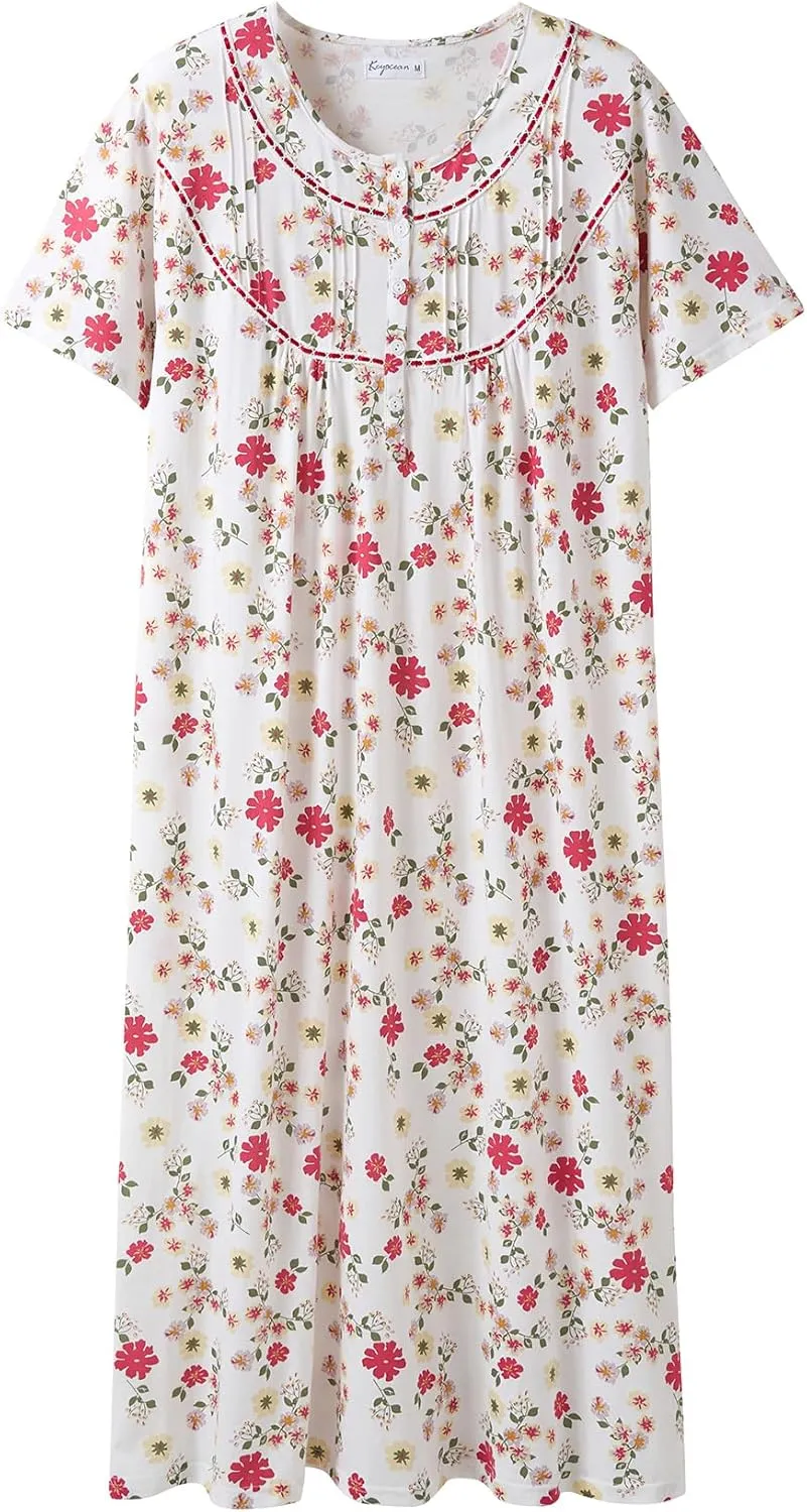Keyocean Women Nightgowns, Soft 100% Cotton Lightweight Short Sleeve Night-dresses for Ladies