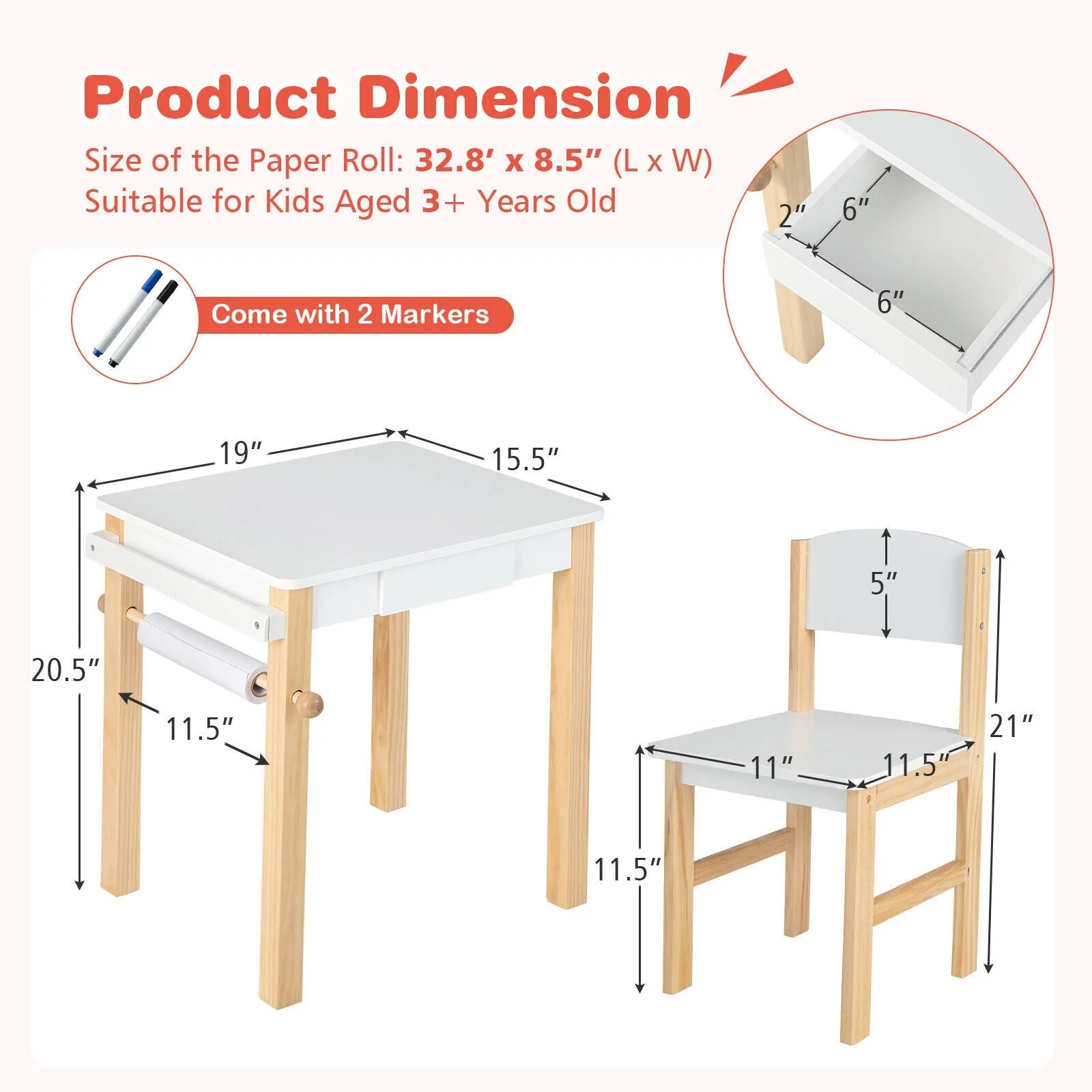 Kids Art Table and Chair Set with Drawer Paper Roll and 2 Markers-White