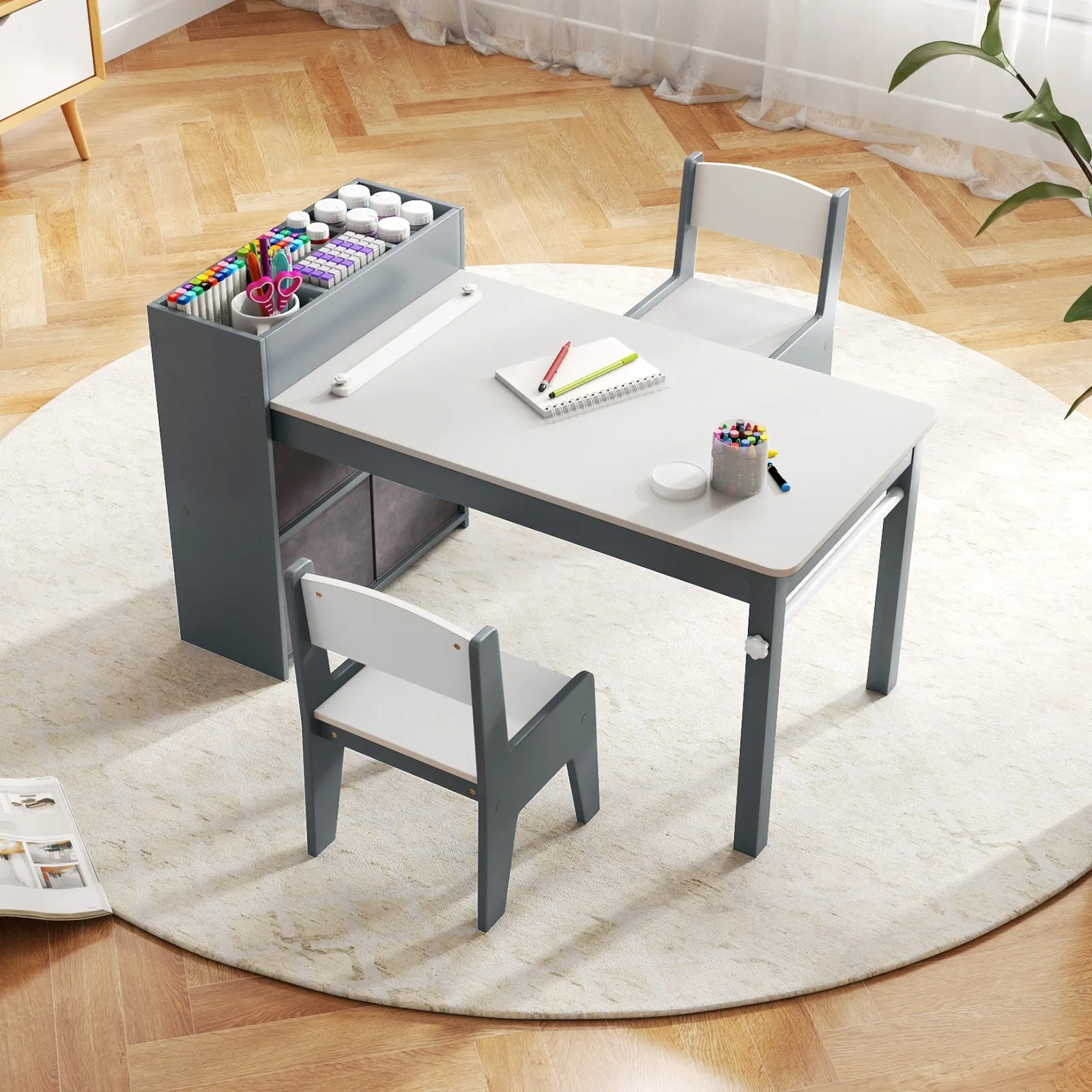 Kids Art Table and Chairs Set with 2 Chairs and Paper Roll-Gray