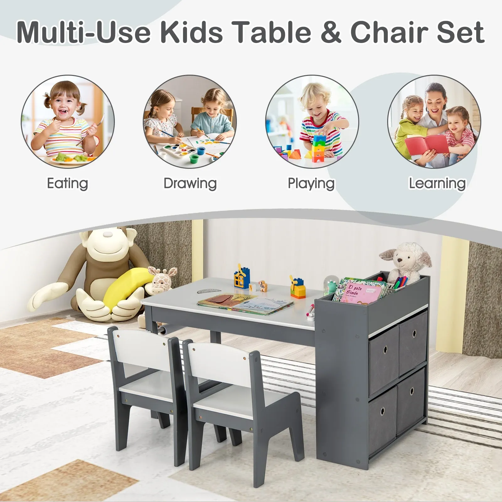 Kids Art Table and Chairs Set with 2 Chairs and Paper Roll-Gray