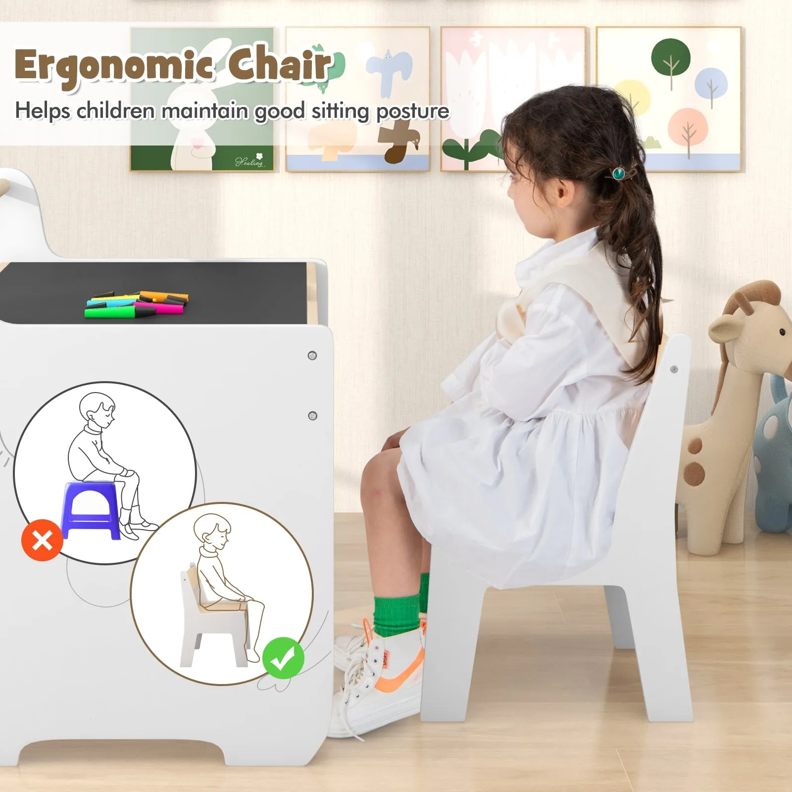 Kids Table and Chair Set with 2 in 1 Detachable Tabletop and Storage-White