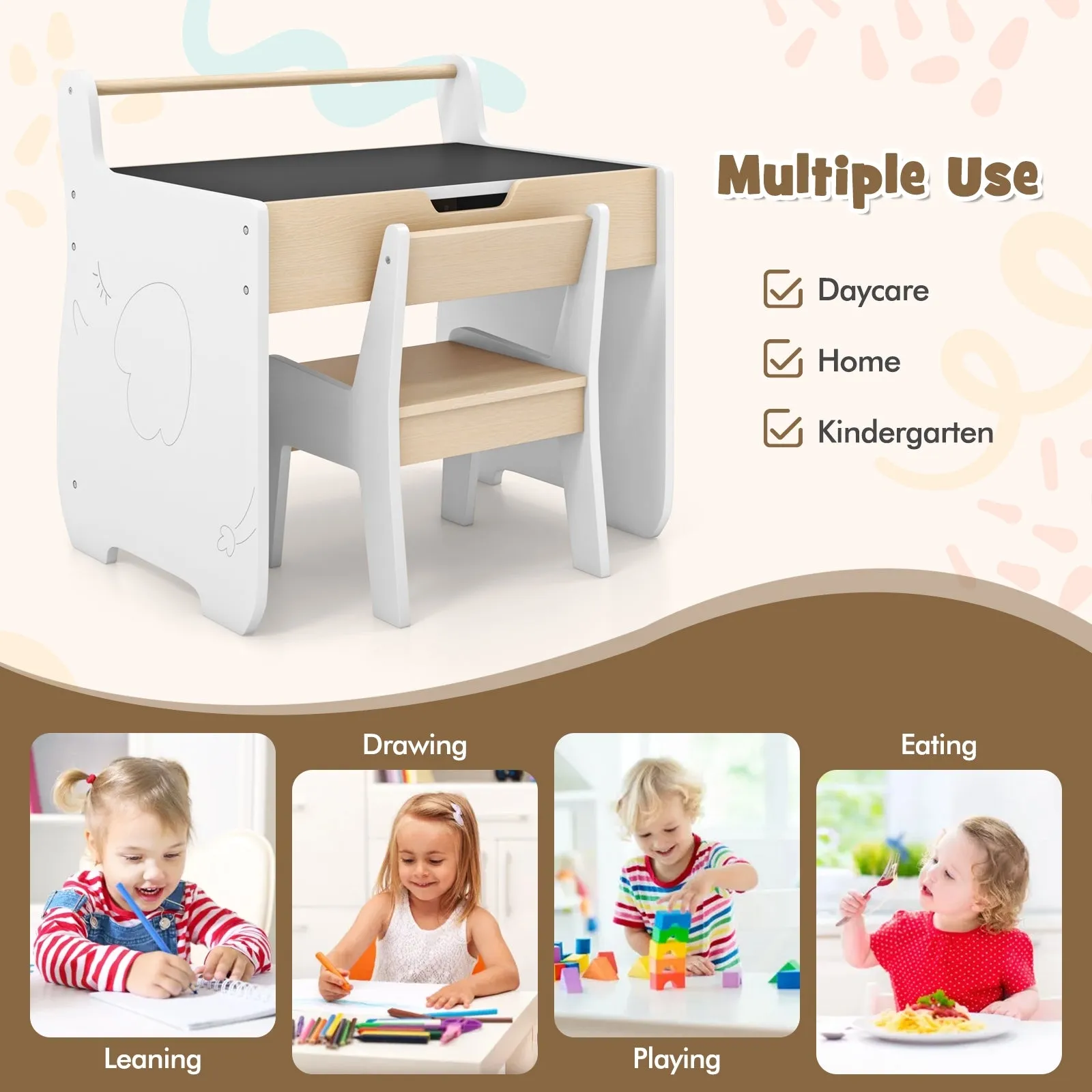 Kids Table and Chair Set with 2 in 1 Detachable Tabletop and Storage-White