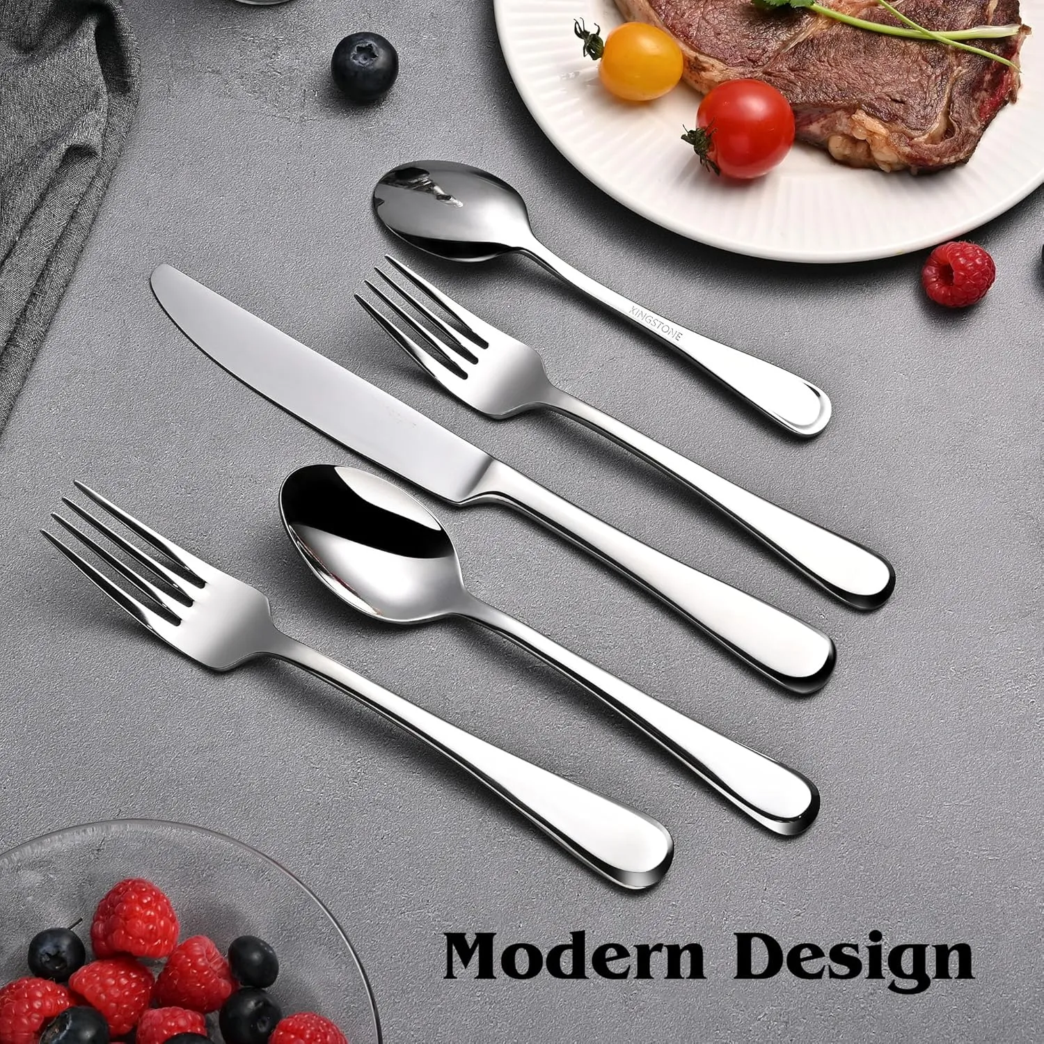 KINGSTONE 40 Pieces Silverware Set for 8, Premium Stainless Steel Flatware Set, Heavy Duty and Modern Design Cutlery Set, Mirror Polished, Dishwasher Safe