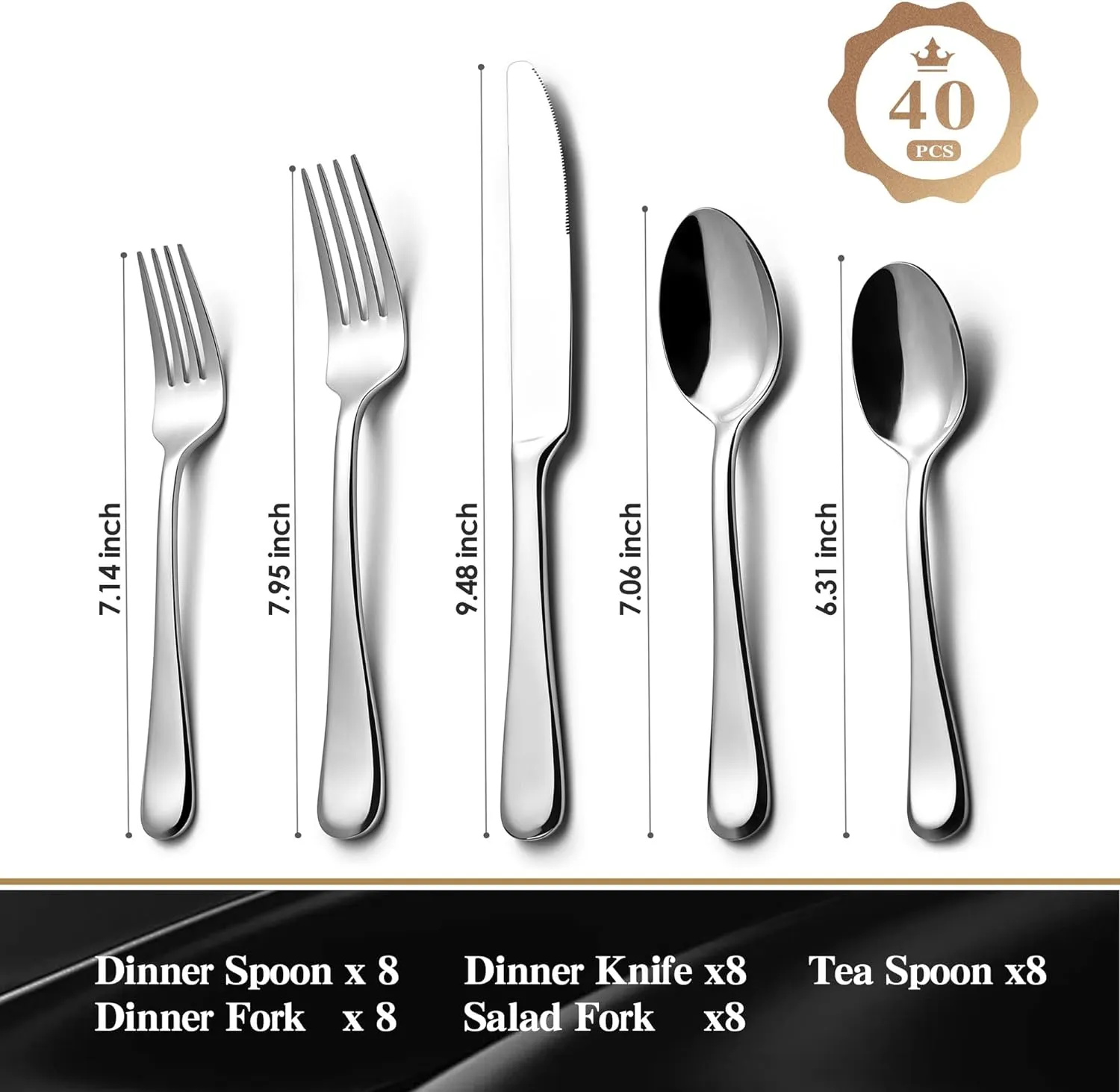 KINGSTONE 40 Pieces Silverware Set for 8, Premium Stainless Steel Flatware Set, Heavy Duty and Modern Design Cutlery Set, Mirror Polished, Dishwasher Safe