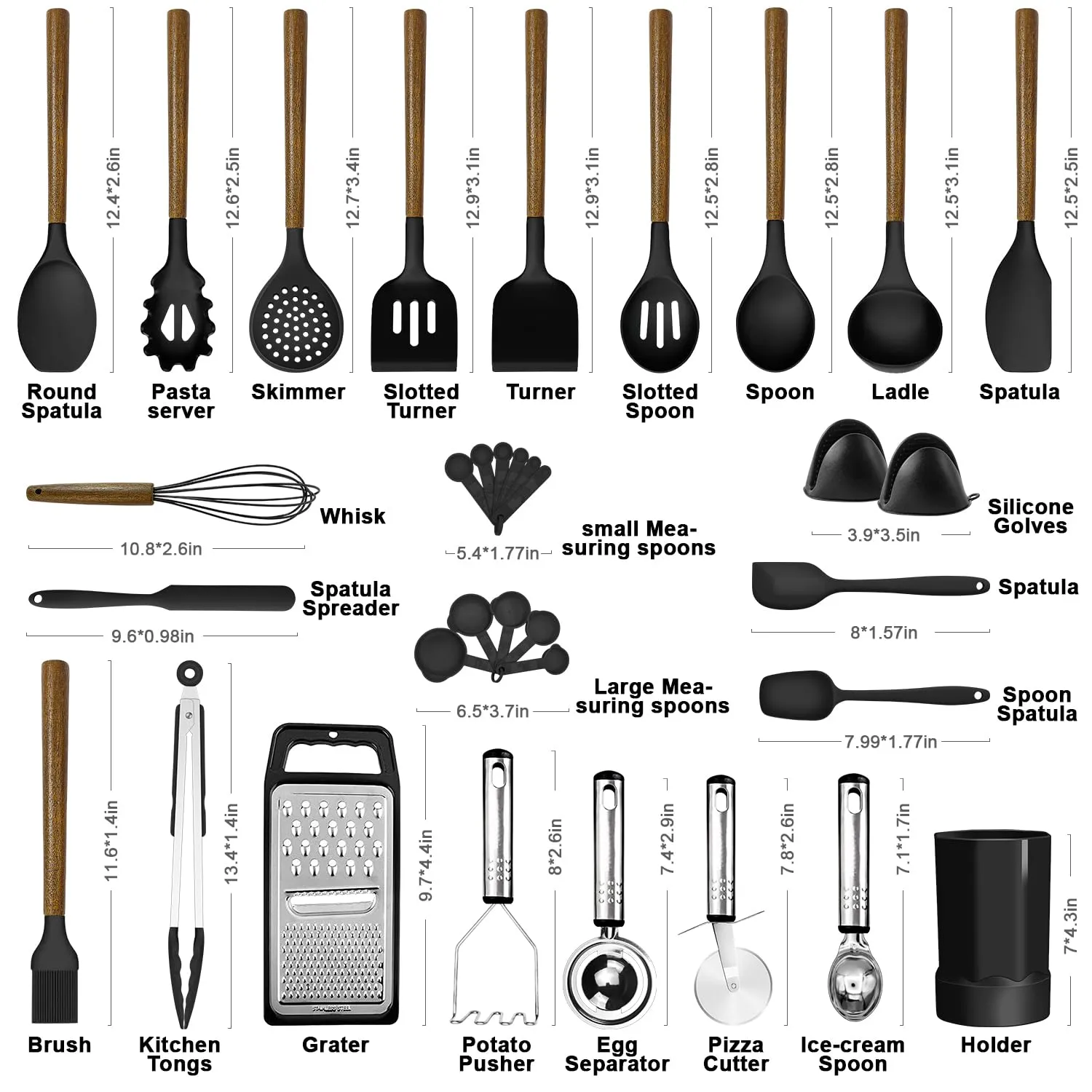 Kitchen Cooking Utensils Set-446°F Heat Resistant Silicone Kitchen Utensils for Cooking-34 Piece Kitchen Set with Natural Acacia Wooden Handles and Holder, BPA FREE for Non-Stick Cookware (Black)