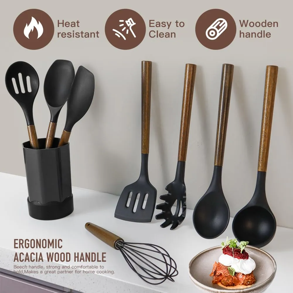 Kitchen Cooking Utensils Set-446°F Heat Resistant Silicone Kitchen Utensils for Cooking-34 Piece Kitchen Set with Natural Acacia Wooden Handles and Holder, BPA FREE for Non-Stick Cookware (Black)