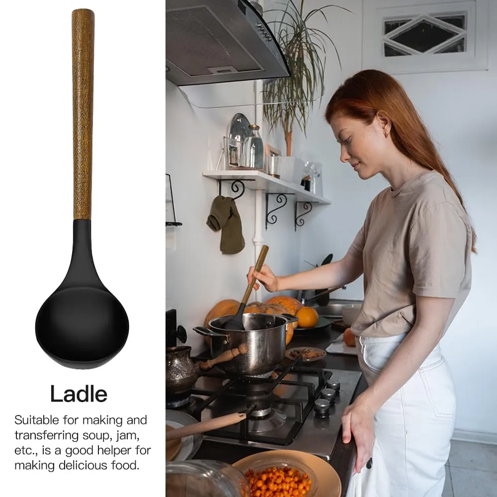 Kitchen Cooking Utensils Set-446°F Heat Resistant Silicone Kitchen Utensils for Cooking-34 Piece Kitchen Set with Natural Acacia Wooden Handles and Holder, BPA FREE for Non-Stick Cookware (Black)