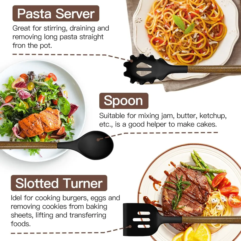 Kitchen Cooking Utensils Set-446°F Heat Resistant Silicone Kitchen Utensils for Cooking-34 Piece Kitchen Set with Natural Acacia Wooden Handles and Holder, BPA FREE for Non-Stick Cookware (Black)
