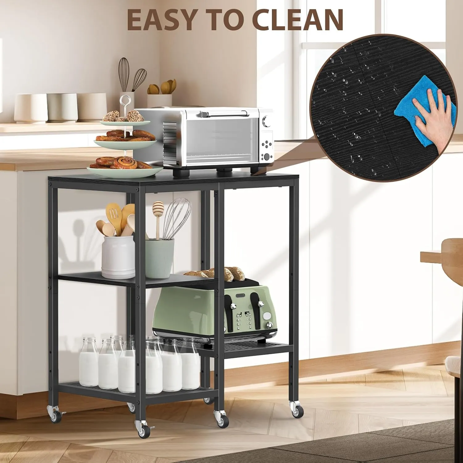 Kitchen Microwave Cart,Microwave Stand with Wheels,Coffee Bar Table Station,4-Tier Rolling Baker's Rack,Small Appliance Storage Shelf,Utility Side Table for Kitchen,Living Room (Black)