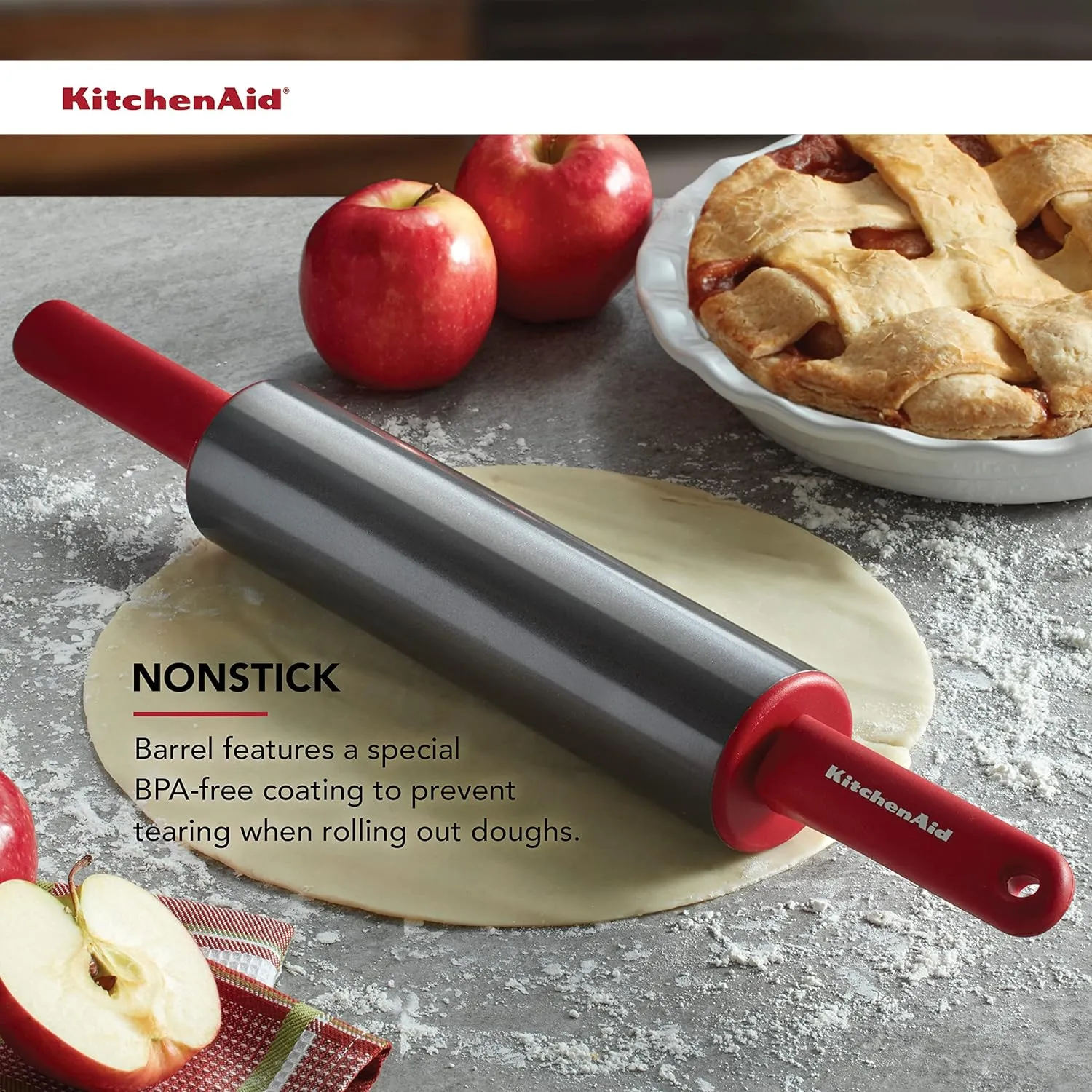 KitchenAid Gourmet Rolling Pin, One Size, Steel, Red, 2.5 x 2.5 x 22 inches