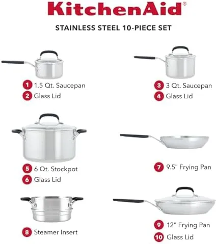 KitchenAid Stainless Steel Cookware/Pots and Pans Set, 10 Piece, Brushed Stainless Steel