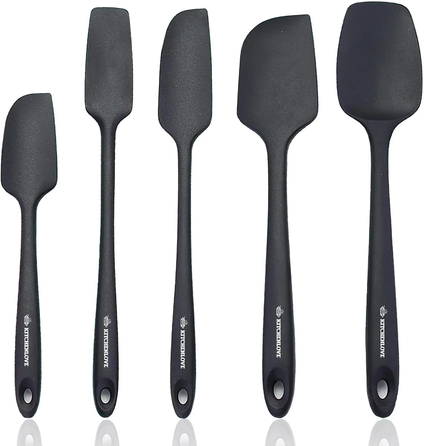 KITCHENLOVE Premium 600°F Heat Resistant 5 Piece Silicone Spatula Set for Baking, Cooking, Mixing - Non-Stick with High Grade S-Iron Steel Core - One Piece Seamless Design - BPA Free (Black)