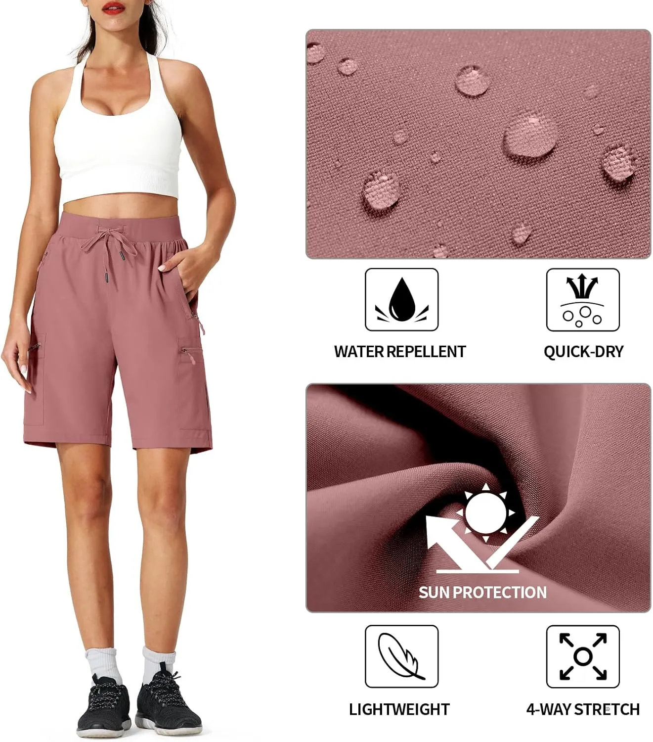 Ksmien Women's Hiking Cargo Shorts Quick Dry Lightweight Summer Shorts with Zipper Pockets for Travel Golf Camping