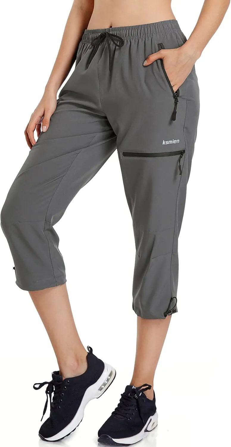 Ksmien Women's Lightweight Hiking Capri Pants Quick Dry Workout Cargo Capris Water Resistant UPF 50  Zipped Pockets