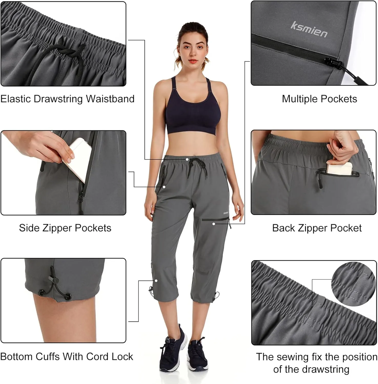 Ksmien Women's Lightweight Hiking Capri Pants Quick Dry Workout Cargo Capris Water Resistant UPF 50  Zipped Pockets