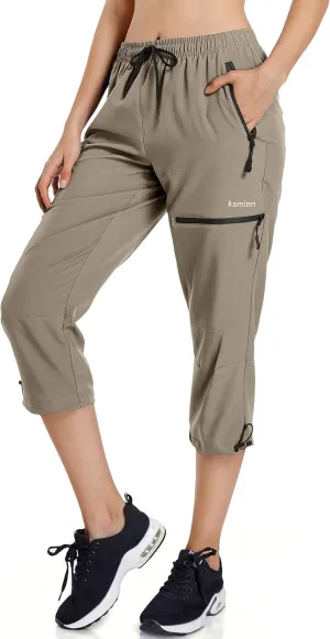 Ksmien Women's Lightweight Hiking Capri Pants Quick Dry Workout Cargo Capris Water Resistant UPF 50  Zipped Pockets