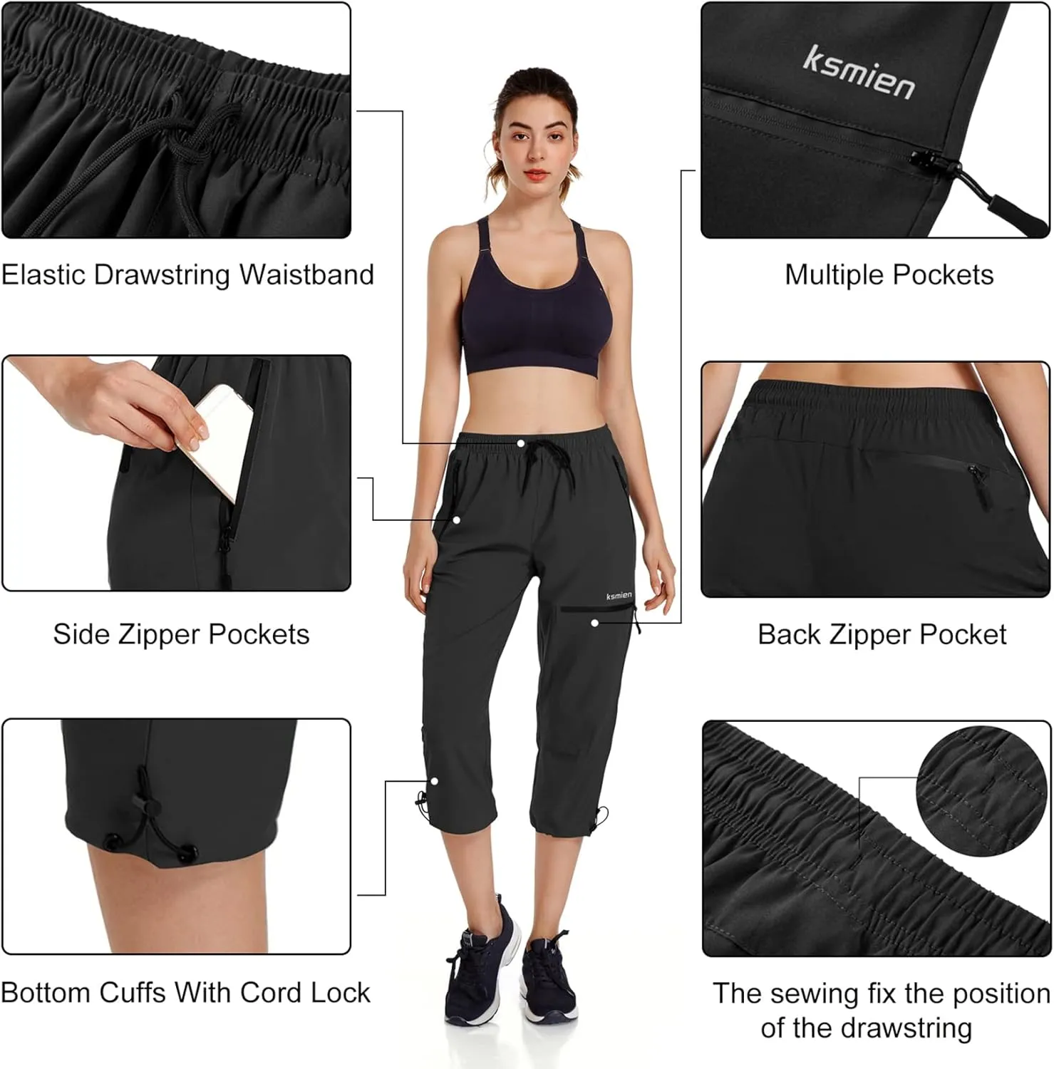 Ksmien Women's Lightweight Hiking Capri Pants Quick Dry Workout Cargo Capris Water Resistant UPF 50  Zipped Pockets