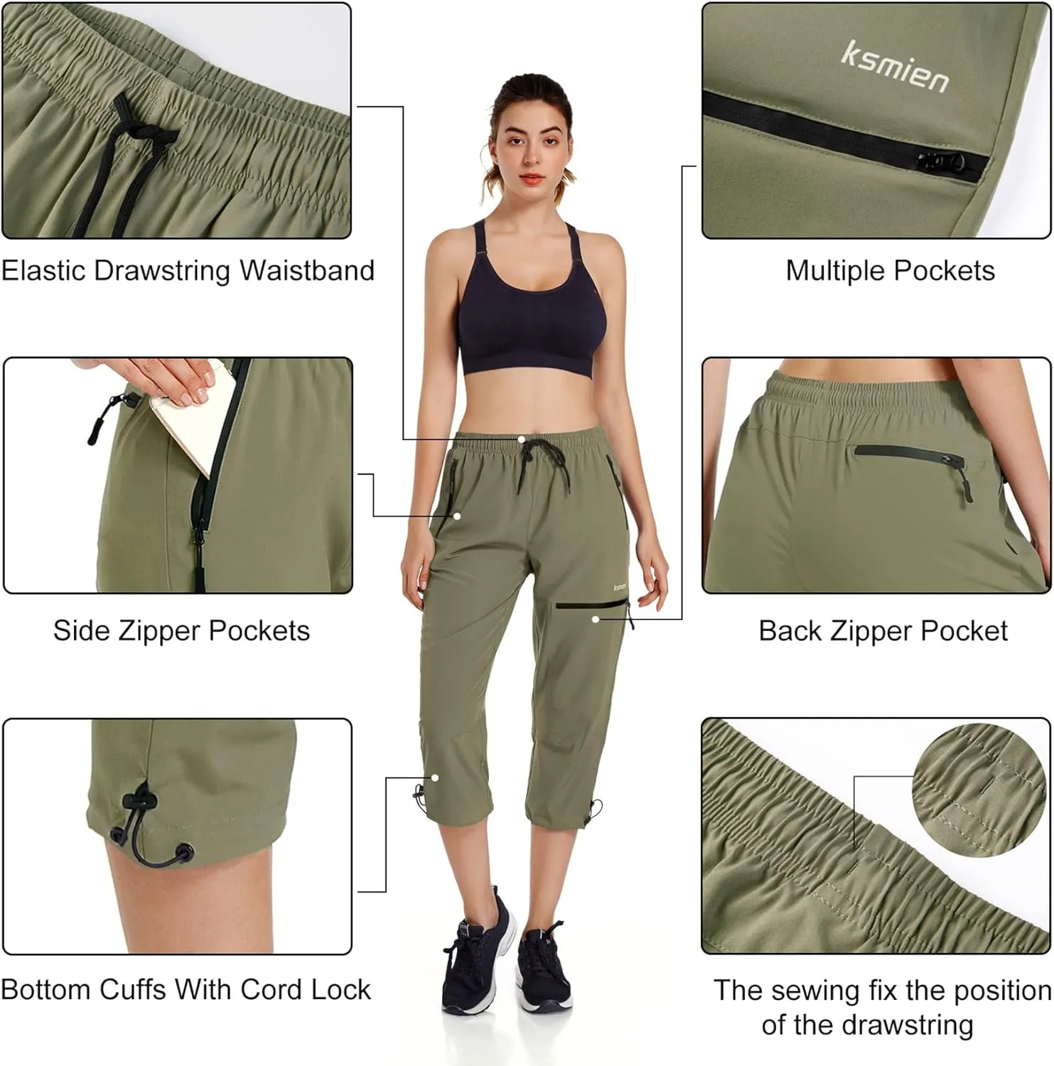 Ksmien Women's Lightweight Hiking Capri Pants Quick Dry Workout Cargo Capris Water Resistant UPF 50  Zipped Pockets