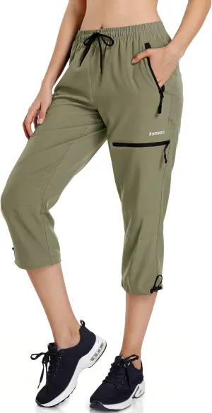 Ksmien Women's Lightweight Hiking Capri Pants Quick Dry Workout Cargo Capris Water Resistant UPF 50  Zipped Pockets