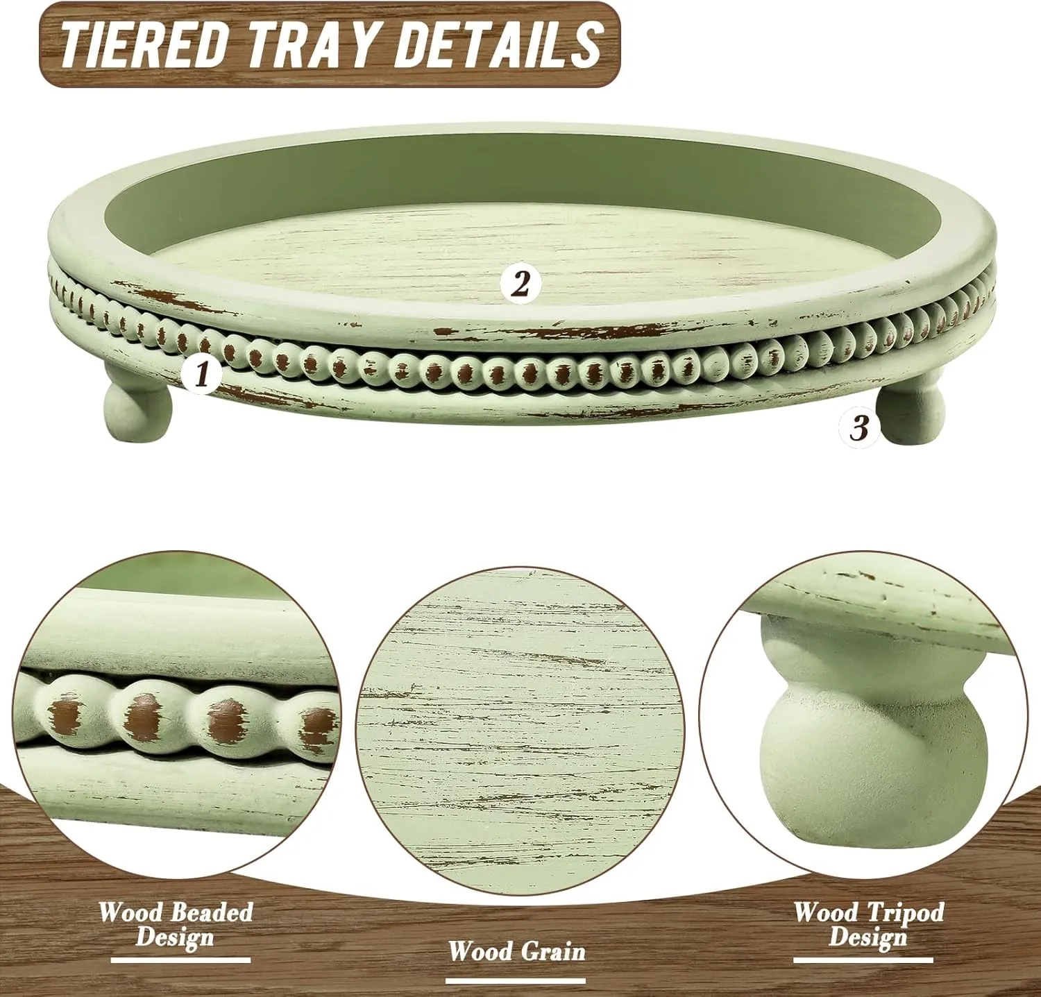 KULEDM Handmade Wooden Decorative Tray, Small Beaded Coffee Table Tray Decor, Sage Round Serving Tray for Coffee Table, Dining Room Table Entryway and Living Room Table