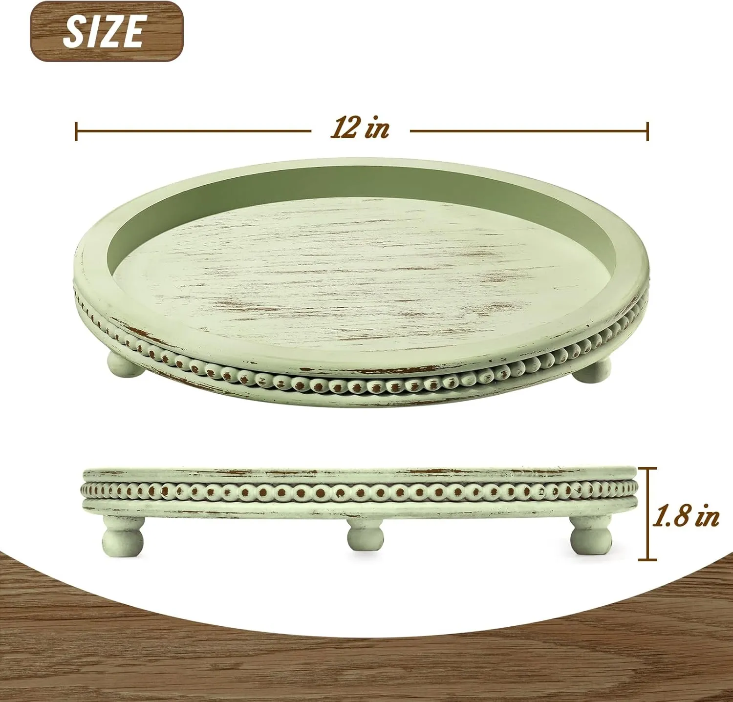 KULEDM Handmade Wooden Decorative Tray, Small Beaded Coffee Table Tray Decor, Sage Round Serving Tray for Coffee Table, Dining Room Table Entryway and Living Room Table